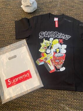 Supreme Black Tee with Multicolor Graphic Collage
